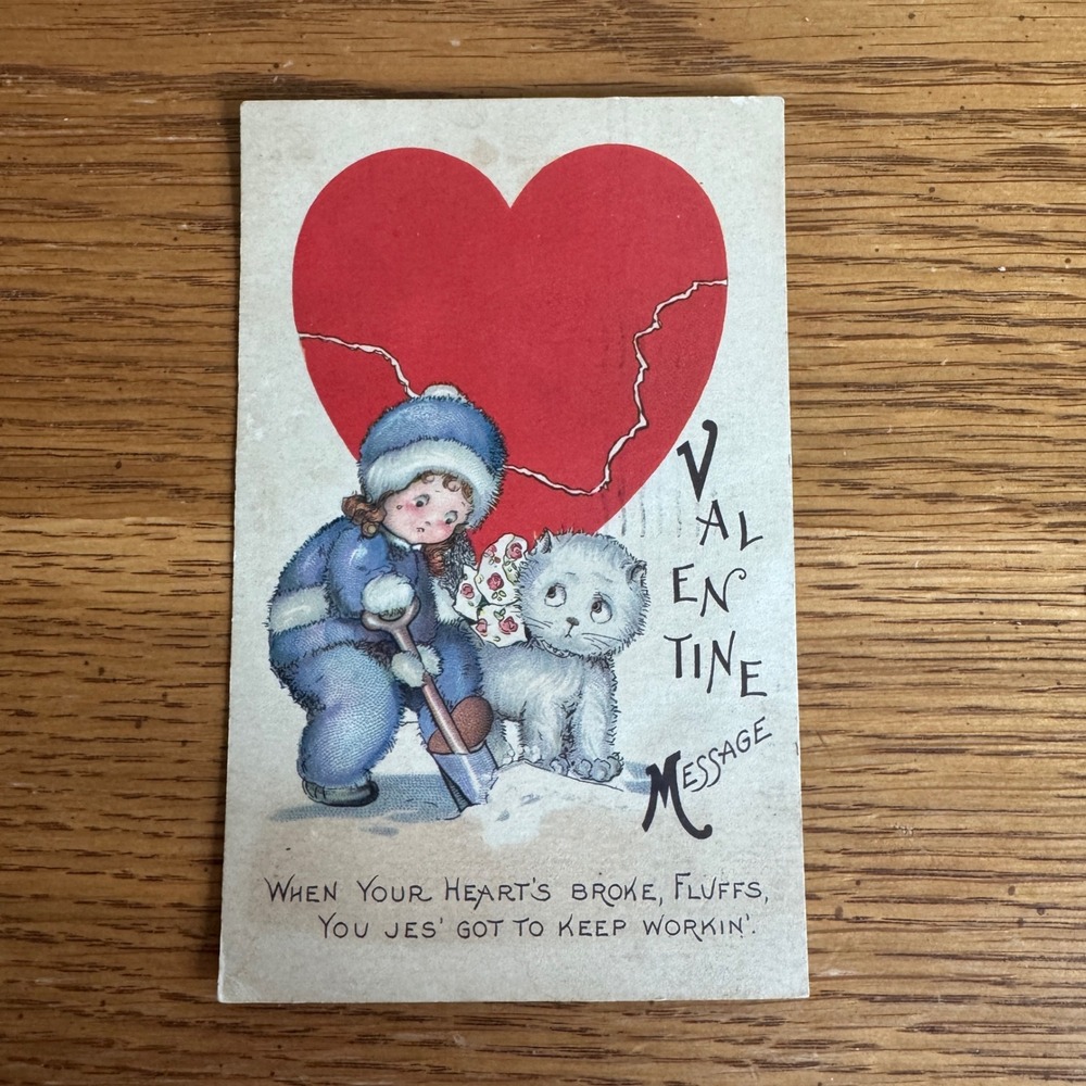 Vintage 1926‎ Valentine Postcard Child Cat Heart Message Card